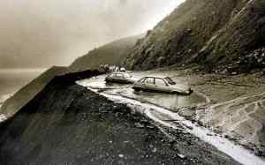 Vehicles get trapped in a mudslide on Highway 1 three miles south of Esalen on Feb. 13, 1987. The major winter storm caused this section of roadway to be closed for weeks. (Herald file photo) 