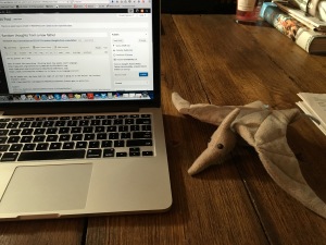 Here's my baby's stuffed pterodactyl, reminding me to stay focused on the important things.